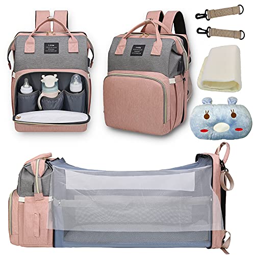 Diaper Bag Backpack, Nappy Bags for Baby Boy with USB Charging Port, Large Capacity, Waterproof, Breathable Mosquito Net Sunshade Pink Grey - American Smart