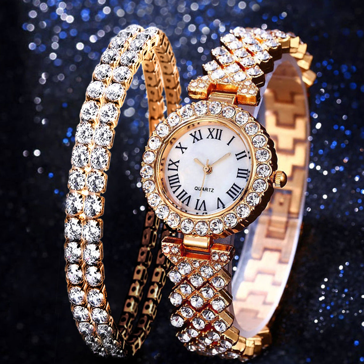 Luxury Women Plated  Rose Gold Watch Fashion Ladies Quartz Diamond Wristwatch Elegant Female Bracelet Watches 2pcs Set