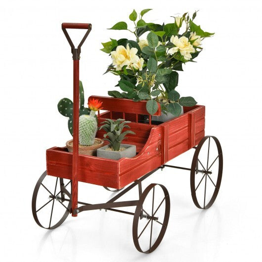 Wooden Wagon Plant Bed With Wheel for Garden Yard-Red