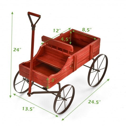 Wooden Wagon Plant Bed With Wheel for Garden Yard-Red