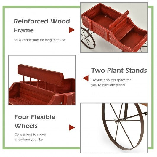 Wooden Wagon Plant Bed With Wheel for Garden Yard-Red