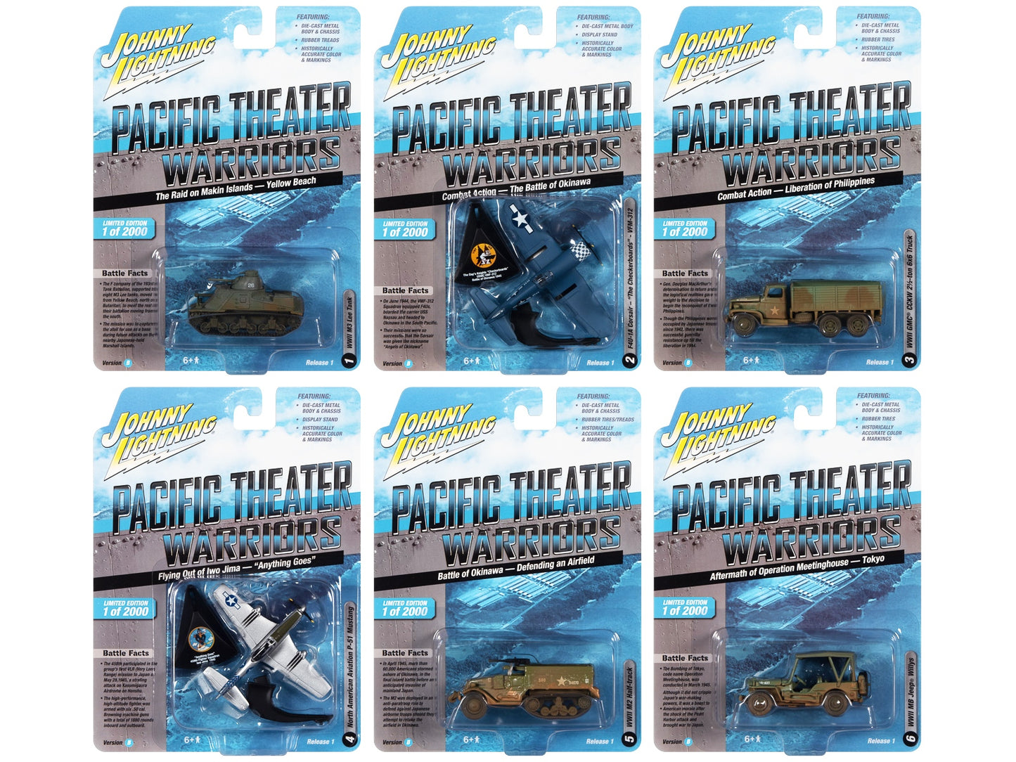 "Pacific Theater Warriors" Military 2022 Set B of 6 pieces Release 1 1/64 -1/144 Diecast Model Cars by Johnny Lightning